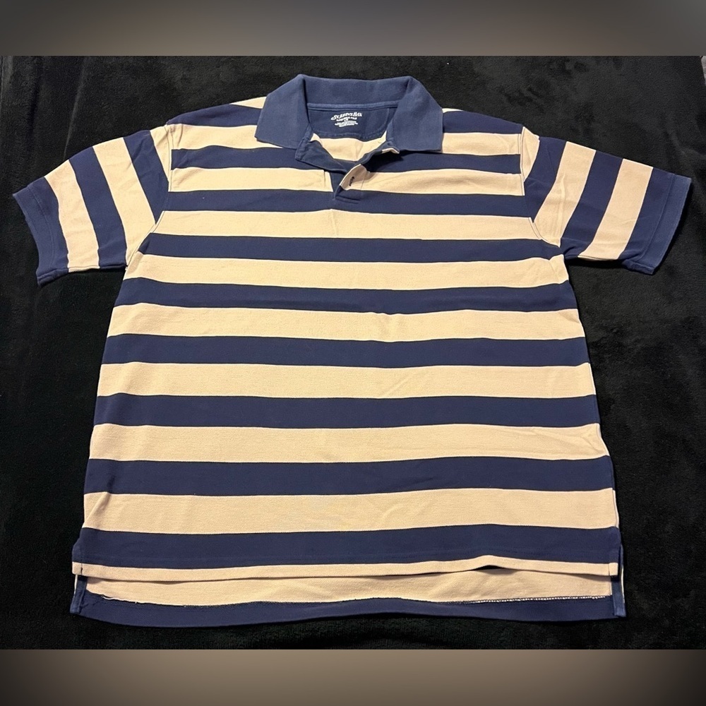 Vtg 90s St John’s Bay Striped Polo Shirt Navy & Beige Men’s Large